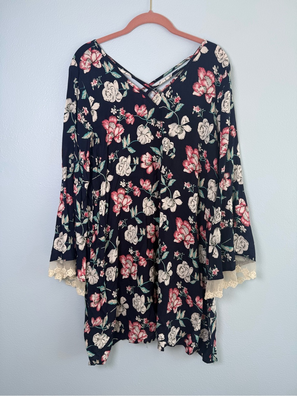 Boutique Floral V-Neck Bell Sleeve Dress - Blue with Pink & Cream Flowers